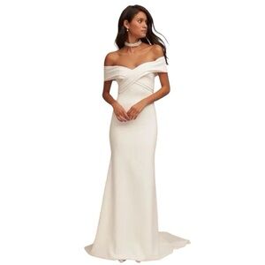 Theia Blake Off-Shoulder Wedding Dress NWT Size 12 Ivory Minimalist Bridal